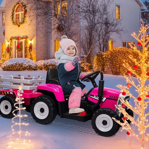 Miniatura 5 de Tractor Eléctrico de 12V con Batería para Niños con Remolque, Carro Montable para Niños Pequeños con Control Remoto/7 Faros LED/Cambio de Marchas