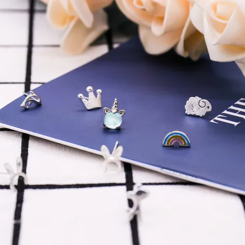 Miniatura 3 de NEWITIN 11 Pairs 925 Sterling Silver Stud Earrings for Girls Hypoallergenic Earrings Unicorn Earrings Animals Earrings Cute Small Stud Earrings for