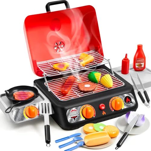 Juego de parrilla para barbacoa para niños, juego de juguetes de cocina con humo de simulación, luz, sonido y alimentos que cambian de color,