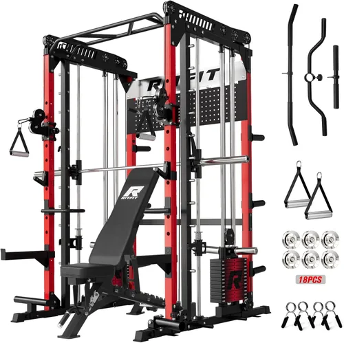 RitFit Paquete de máquina M1 Pro Smith, jaula de potencia todo en uno con juego de pilas de pesas, incluye sistema LAT Pulldown y cable cruzado para