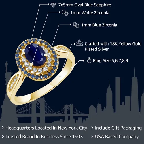Miniatura 2 de Gem Stone King Anillo de plata chapada en oro amarillo de 18 quilates de 0.276 x 0.197 in con piedra preciosa ovalada con doble halo, compromiso
