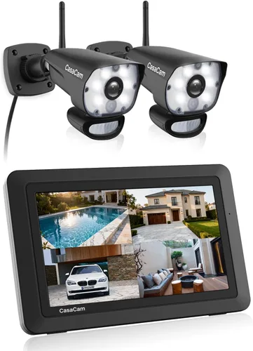 CasaCam Sistema de cámara de seguridad inalámbrica Air | Monitor de pantalla táctil de 7 pulgadas con 2 cámaras HD Spotlight | Alimentado por CA,