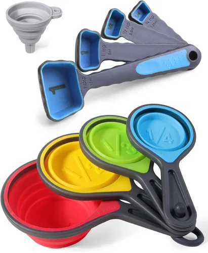 Juego de tazas y cucharas medidoras, Tazas medidoras plegables, 8 piezas, Medidor plegable grabado con marcas métricas/imperiales para medición de