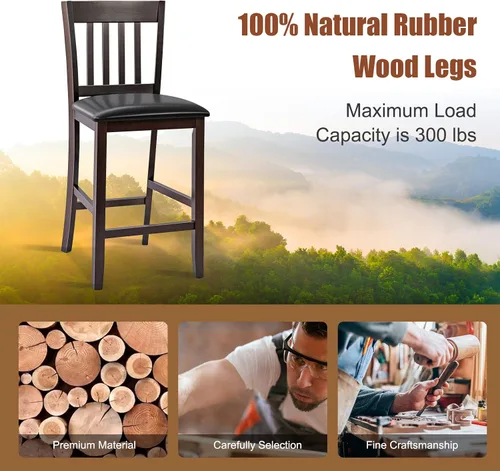 Miniatura 6 de COSTWAY Juego de 2 taburetes de bar, sillas de bar de 25 pulgadas de altura de mostrador con patas de madera de goma, sillas de bar sin brazos