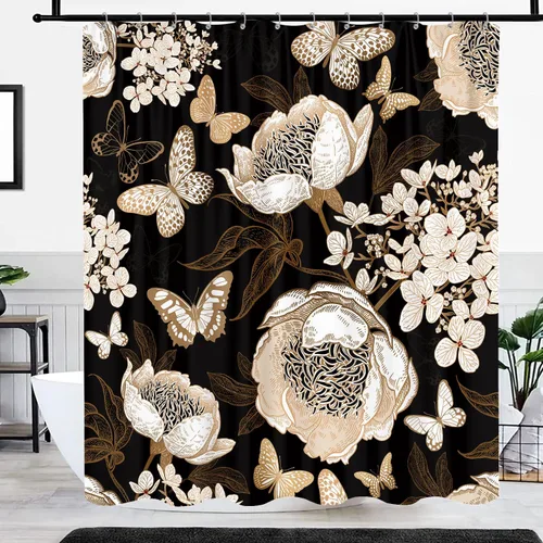 Miniatura 4 de Cortina de ducha de mariposa floral negra y dorada, cortina de ducha bohemia con diseño botánico de flores oscuras para baño con gancho, juego