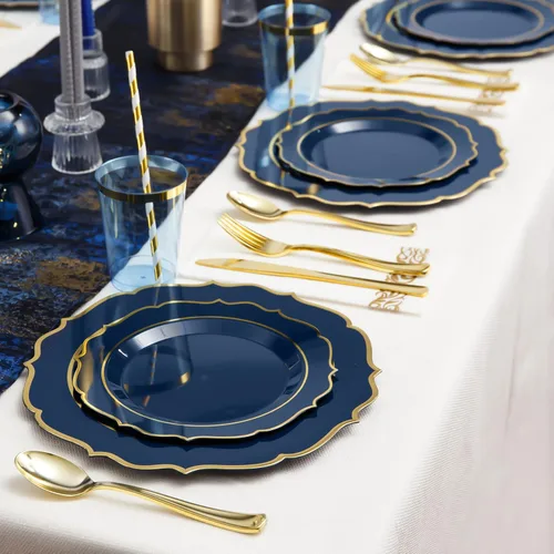 Miniatura 8 de 200 piezas de platos de plástico azul premium para 25 invitados, plato desechable azul y dorado de alta calidad, incluye 25 platos de cena/postre