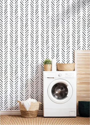 Miniatura 5 de HAOKHOME Papel tapiz de vinilo adhesivo extraíble con diseño de rayas en blanco y negro para gabinete de baño, papel de contacto de vinilo extraíble