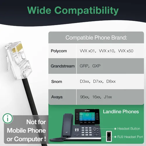 Miniatura 3 de Auriculares de teléfono Yealink para teléfonos de oficina YHS34 Lite QD a RJ9 con cable compatible con Poly Snom Grandstream Teléfonos