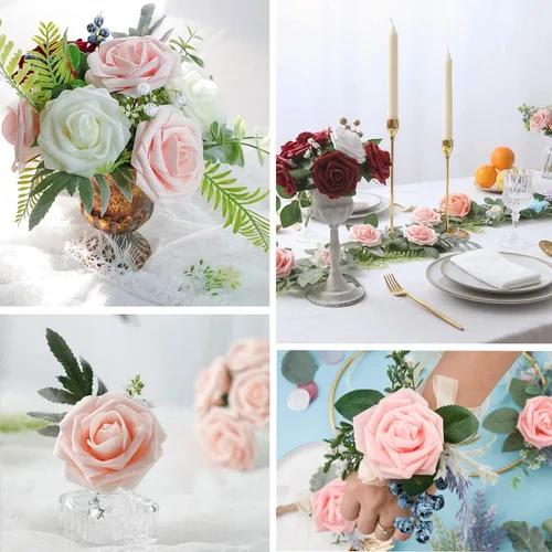 Miniatura 6 de Higfra Flores artificiales, 25 rosas falsas de espuma de aspecto real con tallos para ramos de boda, centros de mesa de despedida de soltera, Brillo