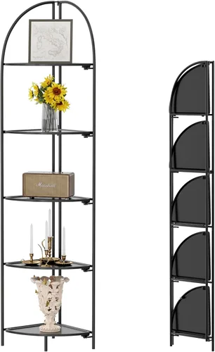 Miniatura 16 de Crofy Estante esquinero plegable de 3 niveles, soporte de esquina de metal para plantas con marco negro y estantes negros, estante de exhibición