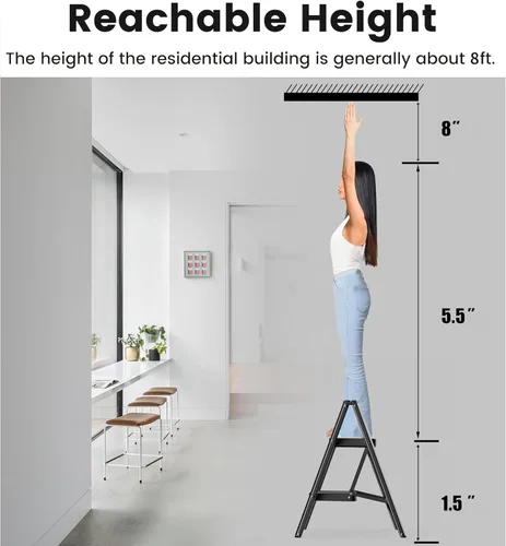Miniatura 5 de SOLADDER Taburete de 2 peldaños con pedal antideslizante y ancho, escalera de hierro portátil plegable para el hogar y la cocina, 300 libras