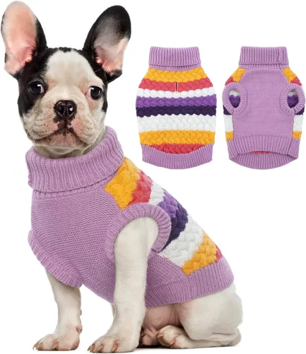 Miniatura 19 de Kuoser Suéter grande para perro, suéteres de punto de cuello alto para perros grandes, rayas coloridas, chaleco de punto para mascotas, ropa cálida