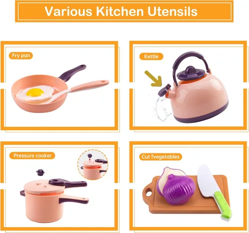 Miniatura 6 de 118 piezas de accesorios mini para cocina de juego para niños, juego de cocina de simulación con utensilios de cocina, vajilla y 2 juegos de frutas