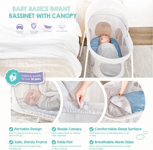 Miniatura 3 de Regalo Baby Basics - Moisés infantil con toldo, marca galardonada, plegado rápido y fácil de instalar, almohadilla extraíble, malla transparente