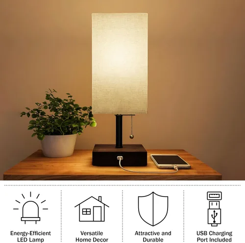 Miniatura 2 de Lavish Home Juego de lámpara de mesa pequeña con base de madera, juego de 2 luces rectangulares modernas con bombilla LED que incluye decoración