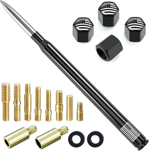Miniatura 33 de Antena de camión para automóvil con tapas de válvula de neumáticos, bandera estadounidense, repuesto corto universal para GMC Sierra, Chevy, Negro