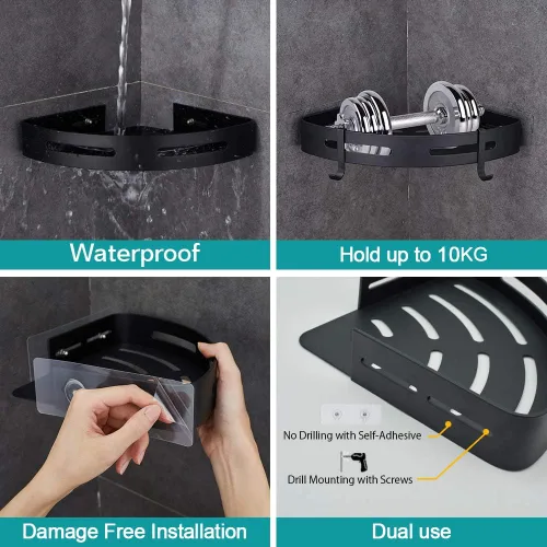 Miniatura 2 de Estante de esquina adhesivo para baño, organizador de ducha para cocina, inodoro, sin perforaciones, 2 niveles, estantes esquineros de baño
