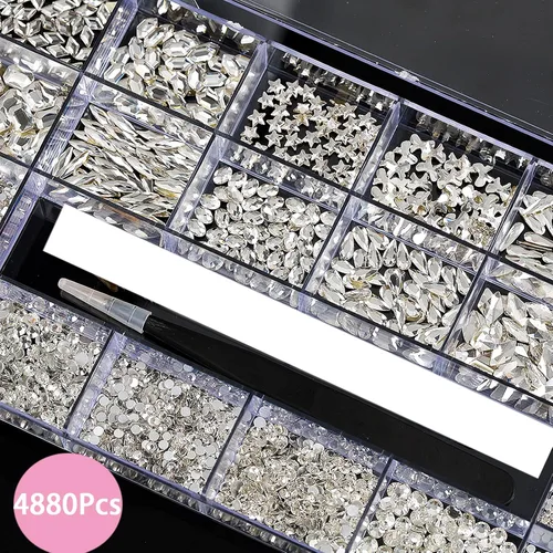 Miniatura 3 de Juego de 4880 diamantes de imitación para uñas, juego de diamantes de imitación de cristal blanco para uñas, cuentas redondas para uñas, piedras