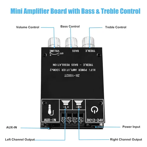 Miniatura 2 de ZK-1002T Placa de amplificador Bluetooth de 100 W+100 W con control de agudos y graves, placa de amplificador de audio estéreo mini de 2.0 canales
