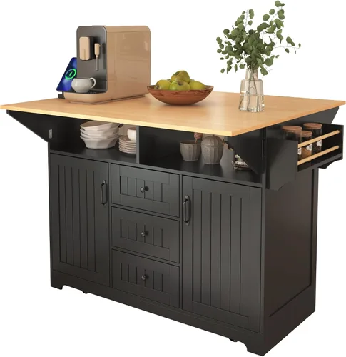 Isla de cocina de 2 hojas caídas sobre ruedas, carrito de cocina rodante con tomas de corriente, mesa de isla de cocina con 2 gabinetes de