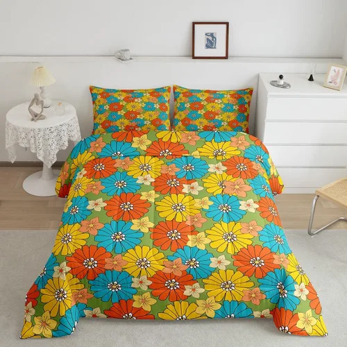 Miniatura 11 de Juego de ropa de cama con estampado floral bohemio, tamaño individual, diseño retro de flores groovy, 60S y 70S, juego de edredón de flores hippie