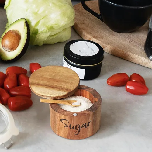 Miniatura 8 de Caja de especias de madera de acacia con cubierta giratoria para encimera de cocina, conservador de sal con cuchara integrada, moderno decorador
