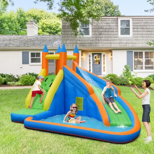 Miniatura 2 de KOTEK Tobogán acuático inflable, tobogán acuático gigante con tobogán largo, pared de escalada y piscina grande de salpicaduras, toboganes acuáticos