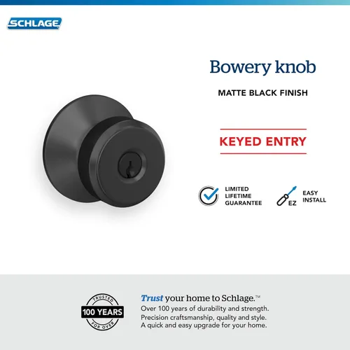 Miniatura 5 de SCHLAGE F51A BWE 622 - Pomo de puerta Bowery, cerradura de entrada con llave, color negro mate Mate negro