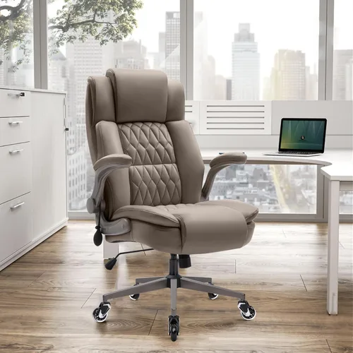 Miniatura 2 de Silla de oficina grande con respaldo alto, soporte lumbar ajustable, brazos abatibles, ruedas silenciosas resistentes, base de metal, cuero Caqui