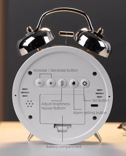 Miniatura 6 de Pequeño reloj despertador electrónico LED de doble campana, reloj despertador de metal ruidoso para dormir pesado, reloj despertador digital