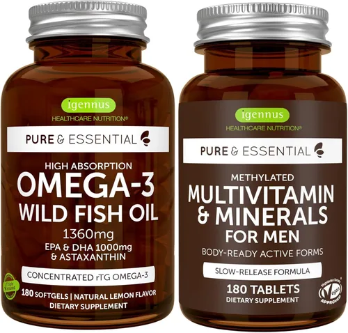 Igennus - Aceite de pescado silvestre omega-3 de alta absorción + paquete multivitamínico metilado para hombre, 1000 mg de EPA y DHA, 180 cápsulas