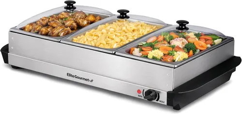 Elite Gourmet EWM-6171 - Servidor de buffet con control de temperatura, calentador de alimentos, 3 bandejas triples de 2.5 cuartos de galón, tapas