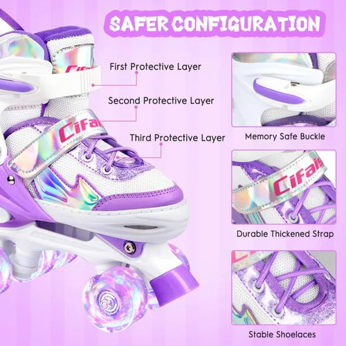 Miniatura 5 de Patines negros y rosados para niñas y niños de 4 a 13 años, 4 tamaños, ruedas iluminadas y diseño superior brillante