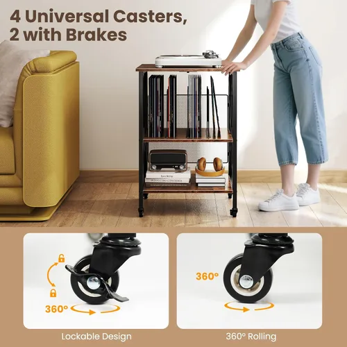 Miniatura 6 de Giantex Soporte para tocadiscos con estación de carga, soporte para tocadiscos con almacenamiento de discos y 4 ruedas rodantes, mesa