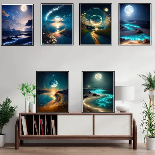 Miniatura 4 de DOTZSO Paquete de 6 pinturas de diamantes 5D para adultos, kit DIY de arte completo de diamantes con arte de cristal y manualidades para AB Moon Lake