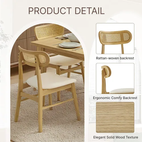 Miniatura 4 de KISLOT Rattan Dining Chairs Set of 4, Upholstered Modern Dining Room Chairs, Mid Century Oak Wood Kitchen Chairs with Rattan Backrest for Farmhouse