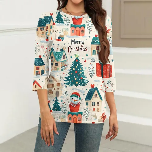 Miniatura 104 de Camisetas de manga 3/4 para mujer, cuello redondo, holgadas, casuales, con estampado floral, camisetas de moda para el trabajo de negocios