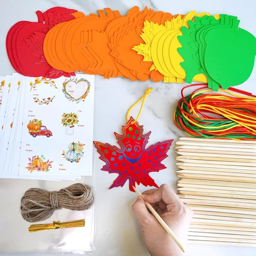 Miniatura 5 de Winlyn Juego de 48 juegos de adornos de otoño de colores mágicos para rascar de otoño, hoja de arce, hoja de roble, calabaza, manzana, bellota, kits
