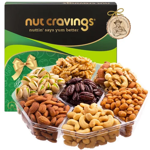NUT CRAVINGS - Cesta de regalo de frutos secos mixtos en caja de oro verde (7 surtidos, 2 libras) golosinas para adultos, arreglo de alimentos,