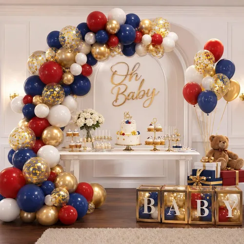 Miniatura 5 de Globo Rojo Blanco Azul, 50 unidades de 12 pulgadas, globos de látex azul marino, rojo rubí oscuro, confeti dorado metálico para baby shower