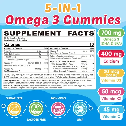 Miniatura 2 de Gomitas Omega 3 para niños + calcio 400 mg + vitamina D3 K2 + C, Omega-3 DHA y suplemento EPA – Sin eructos de pescado, sin azúcar – Omega 3