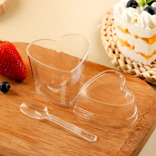 Miniatura 3 de Paquete de 100 mini vasos de plástico transparente con tapas, recipiente de yogur en forma de corazón de 5 onzas para fiestas, aperitivos