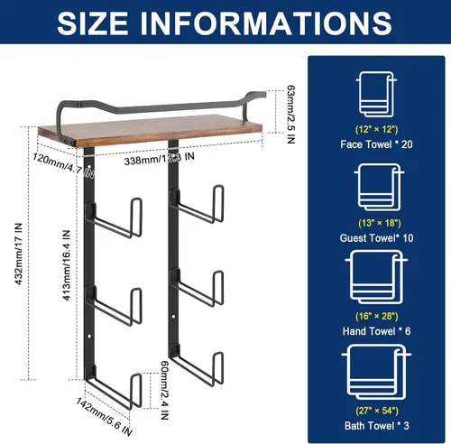 Miniatura 5 de NearMoon Toallero con estante de madera, soporte organizador de toallas de metal inoxidable para almacenamiento de baño, montado en la pared