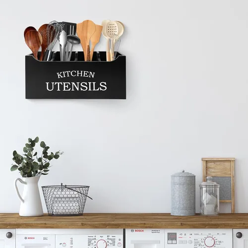 Miniatura 3 de Soporte para utensilios de cocina de madera, extra grande, 4 compartimentos, con parte inferior de drenaje para encimera, organizador
