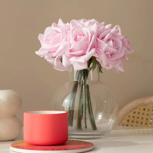 Miniatura 5 de DUYONE Rosas artificiales de un solo tallo 10 piezas de arreglo floral de seda falsa para decoración del hogar, fiesta, boda (rosa claro)
