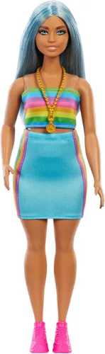 Miniatura 4 de Barbie Fashionistas - Muñeca #218 con cabello largo azul con parte superior extraíble de arcoíris y falda verde azulado, juguete coleccionable de 65