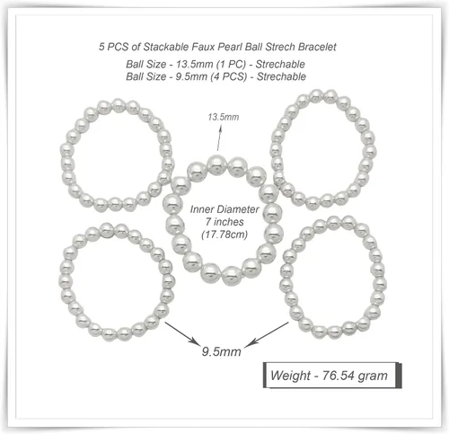 Miniatura 4 de BA UNIQUE FASHION Conjunto de 5 pulseras elásticas de perlas simuladas para mujer