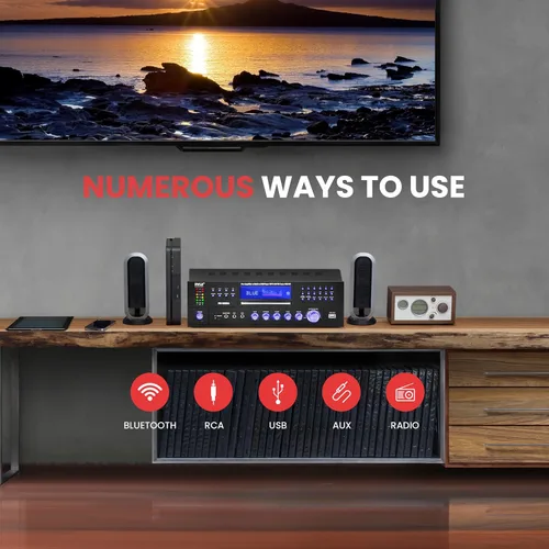 Miniatura 2 de Pyle Amplificador de potencia Bluetooth inalámbrico de 4 canales, altavoz estéreo de 1000 W, receptor de audio para el hogar con radio FM, USB