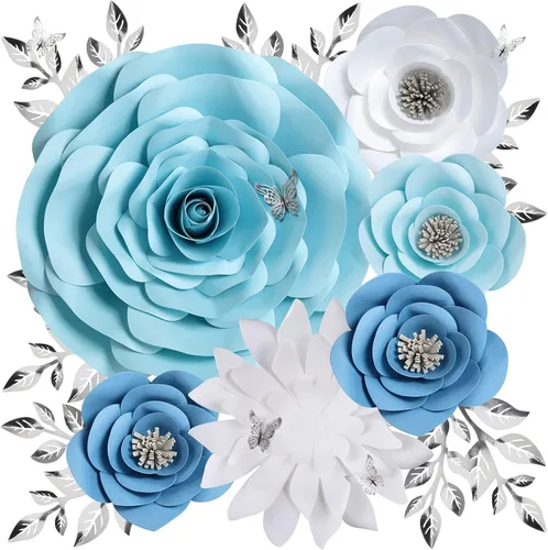 Miniatura 11 de Grandes decoraciones de flores de papel para pared, decoración de pared de flores artificiales 3D con pegatina de mariposa dorada para habitación