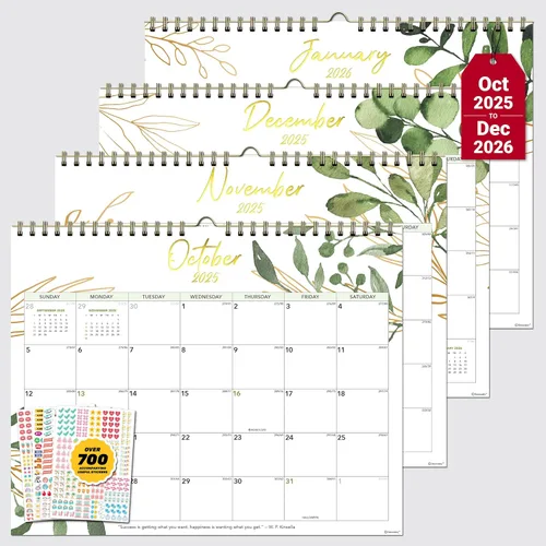 Decorably Calendario académico de 18 meses de vegetación dorada de 18 meses 2025 de julio de 2025 a diciembre de 2026, calendario de pared verde